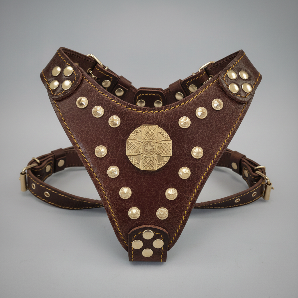 Maximus Leather Dog Harness – Brown & Gold | Handcrafted by Bestia