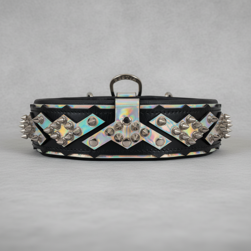 Leather Dog Collar – Midas, Black & Silver Spiked