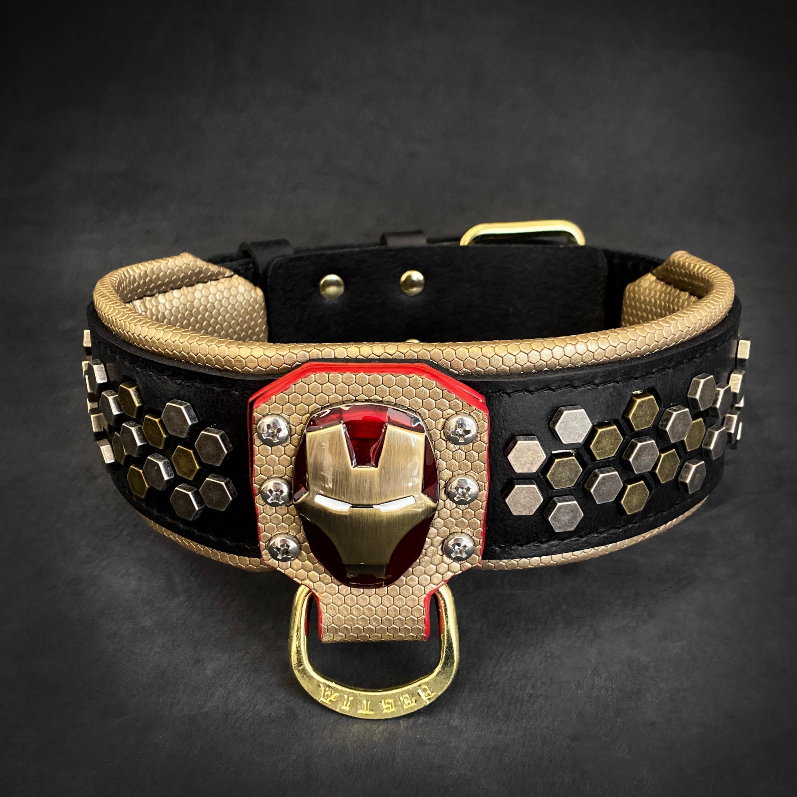 Wide Leather Dog Collar – Iron Dog, Hexagon Studs, Black