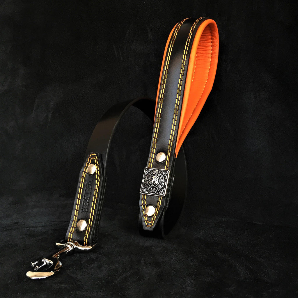 Leather Dog Leash – "Eros", Black & Orange | 90 cm