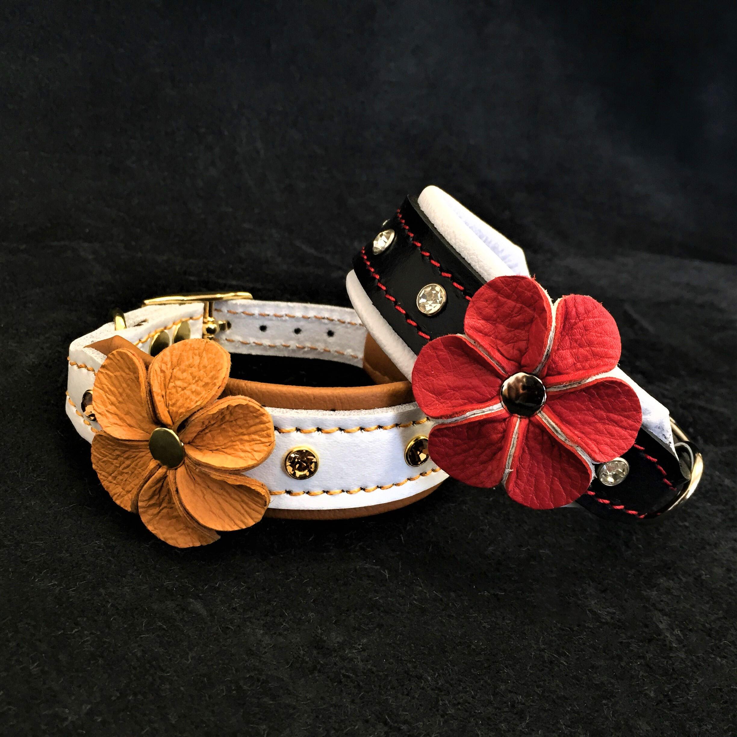 Handmade Leather Puppy Collar – Flower Design