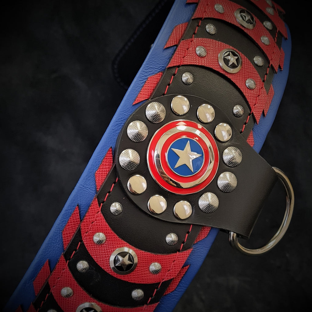 Leather Dog Collar – Captain America Inspired, Star Rivets
