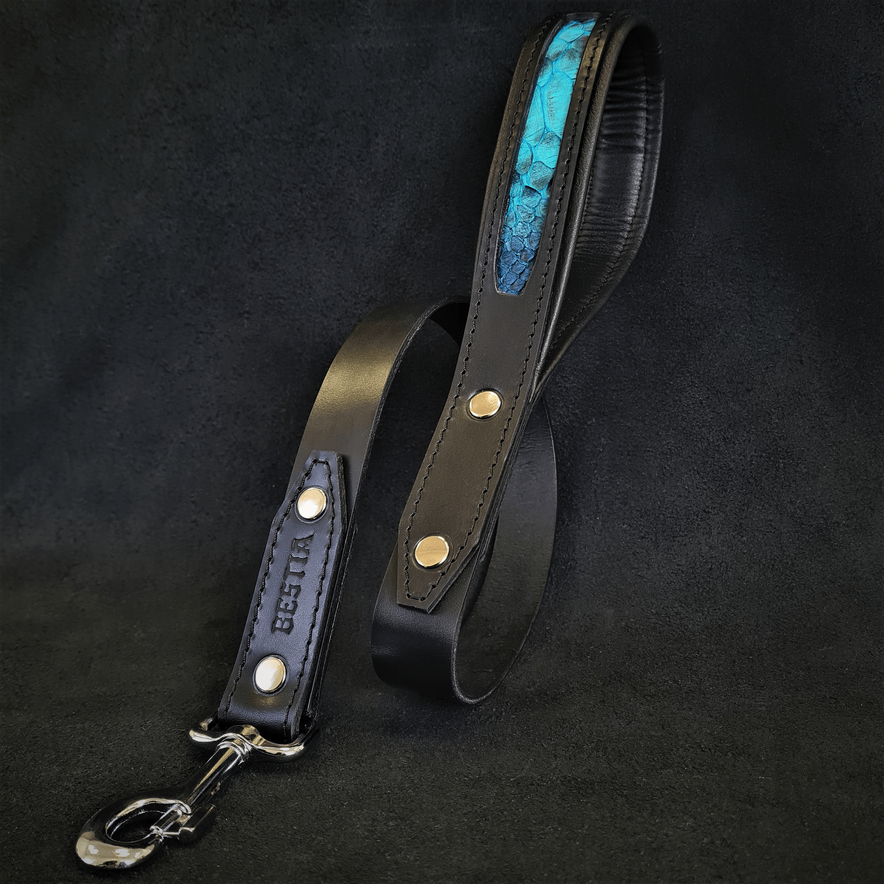 Leather Dog Leash – "Morelia", Black Python Pattern