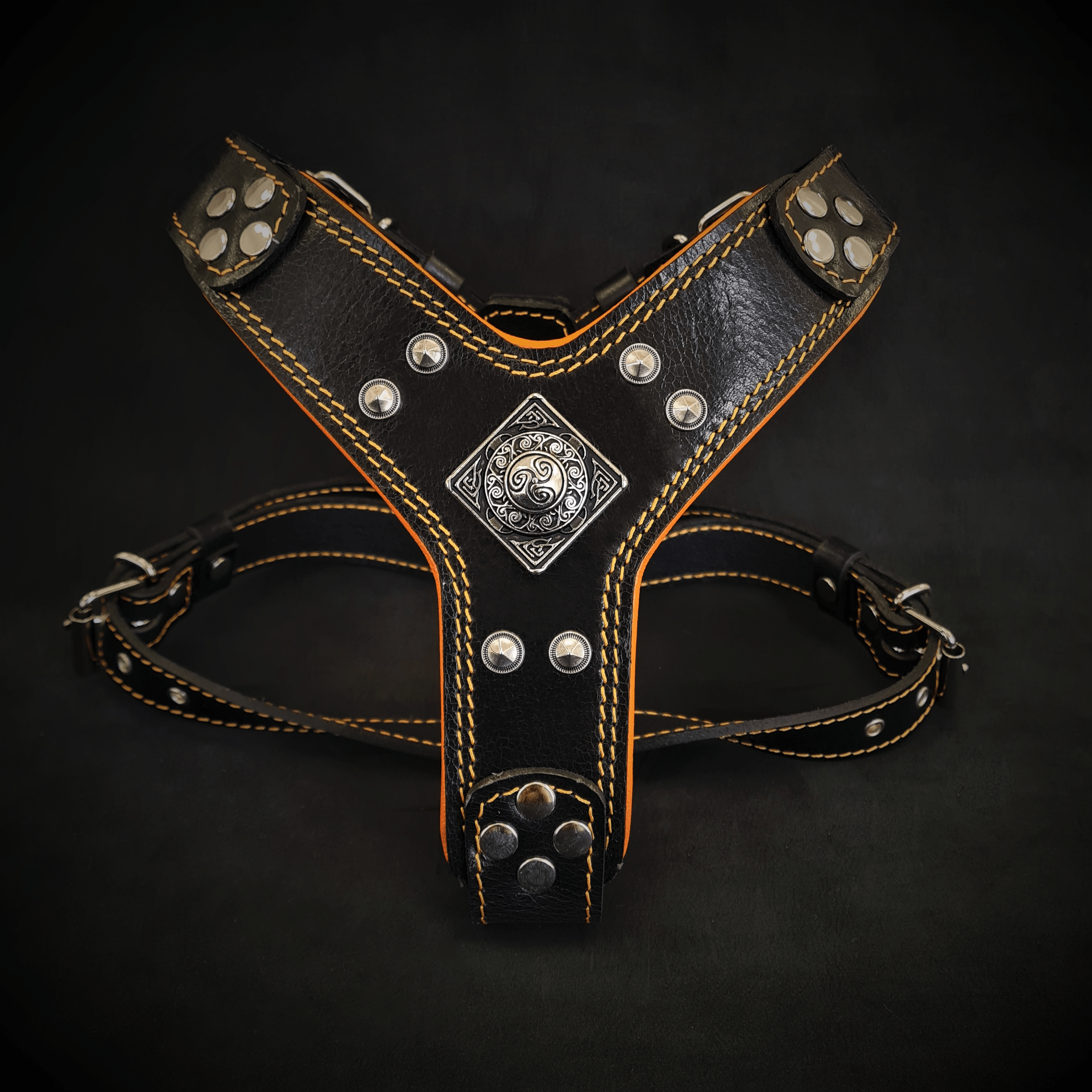 "Eros" Handmade Leather Dog Harness – Black & Orange | S & M | by Bestia Dog Gear