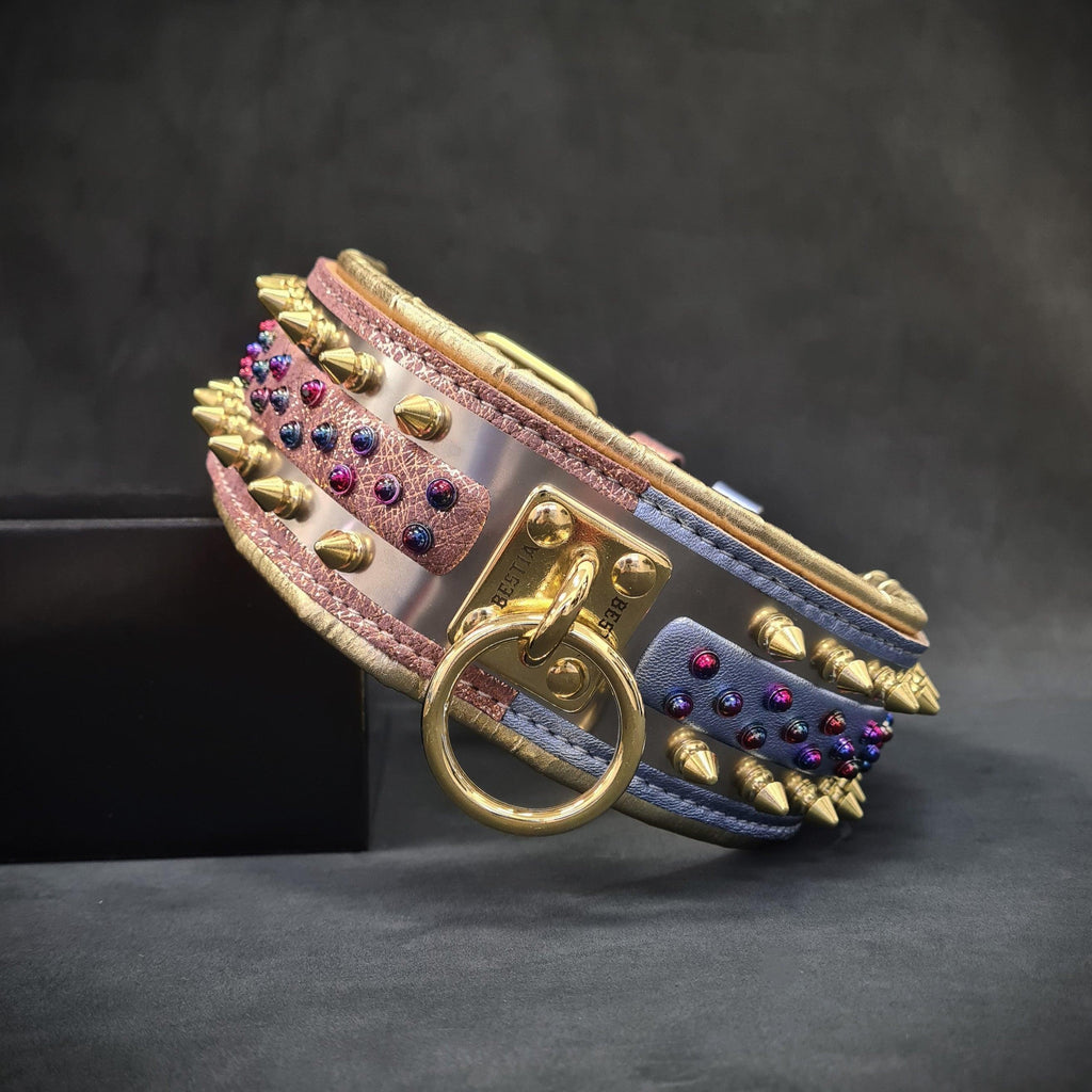 Candy White Leather Dog Collar – Gold Studs & Gems | M, L, XL & XXL