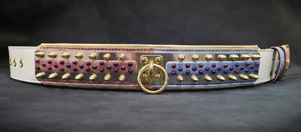 Candy White Leather Dog Collar – Gold Studs & Gems | M, L, XL & XXL