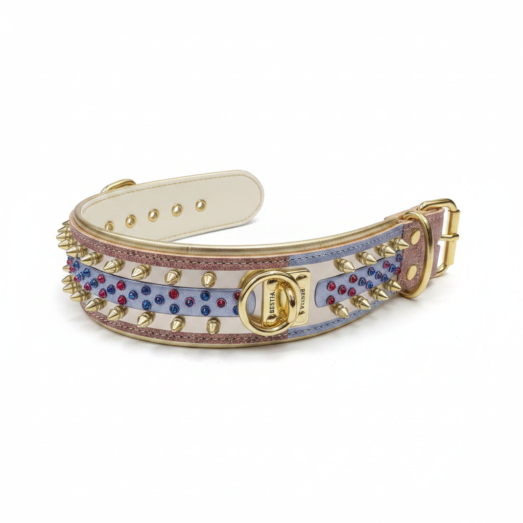 Candy White Leather Dog Collar – Gold Studs & Gems | M, L, XL & XXL