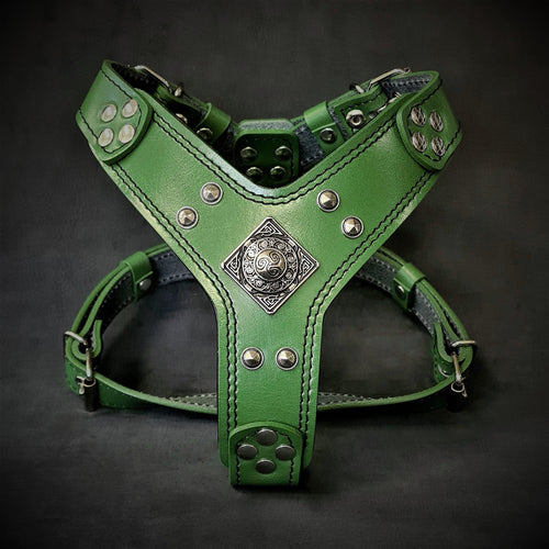 "Eros" Handmade Leather Dog Harness – Green | S & M | by Bestia Dog Gear