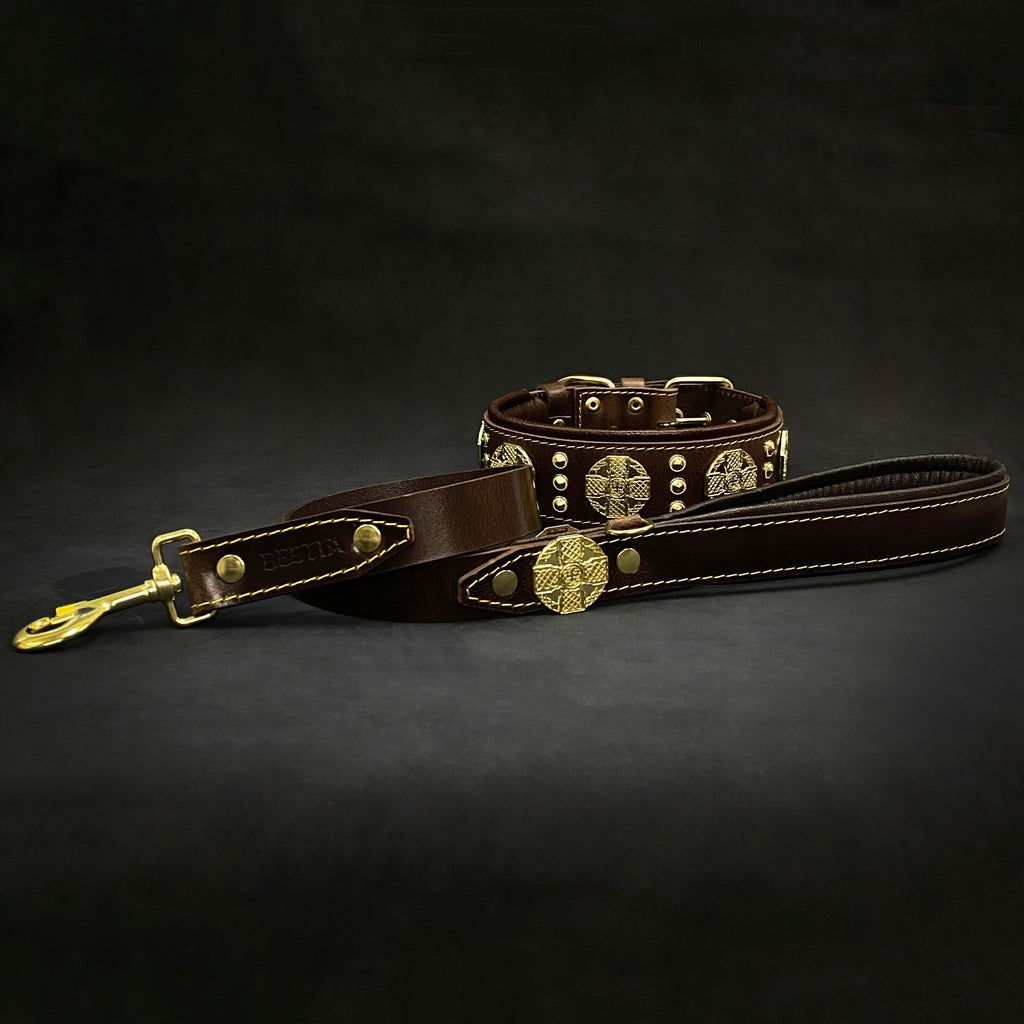Wide Leather Dog Collar – Maximus, 2.5 Inch, Brown & Gold
