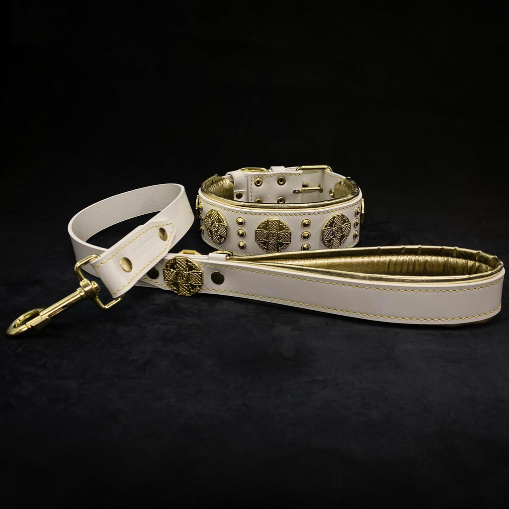 Wide Leather Dog Collar – Maximus, 2.5 Inch, White & Gold