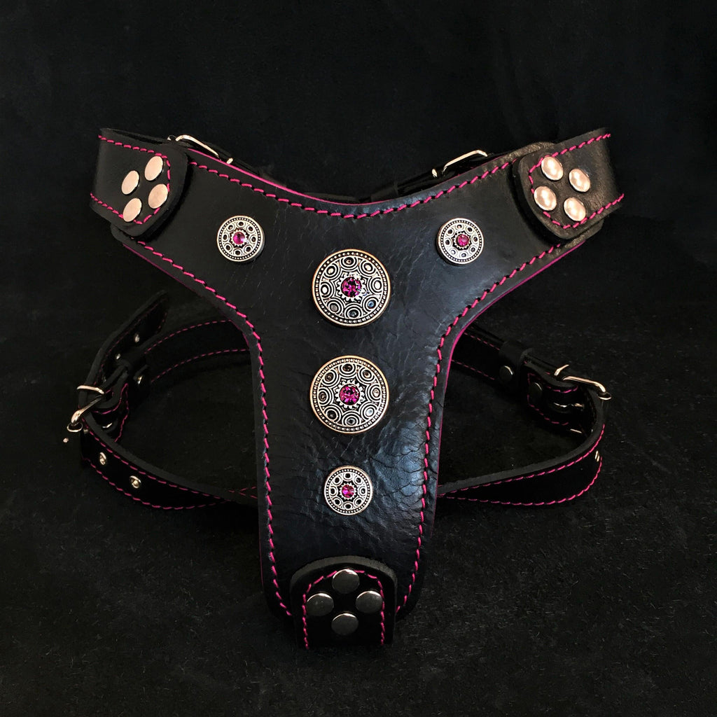 The Bijou Leather Dog Harness — Black & Pink | Small to Medium