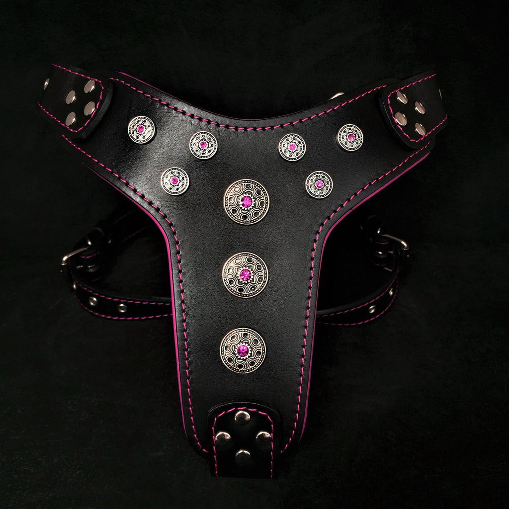 "Bijou" Handmade Leather Dog Harness – Black & Pink | M, L/XL & XXL
