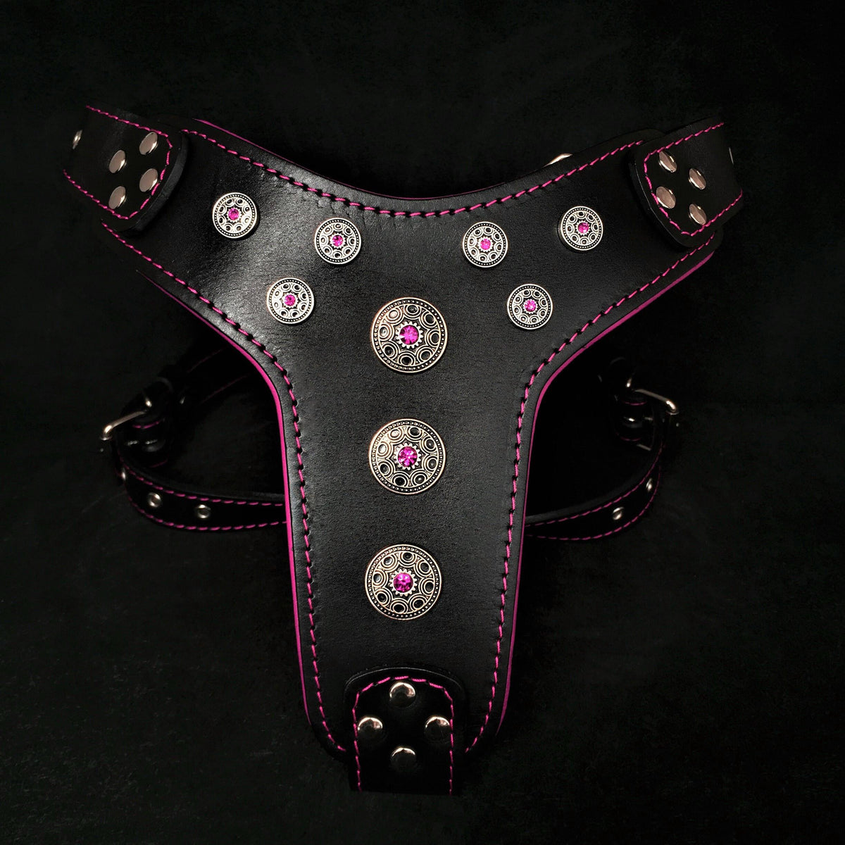 "Bijou" Handmade Leather Dog Harness – Black & Pink | M, L/XL & XXL