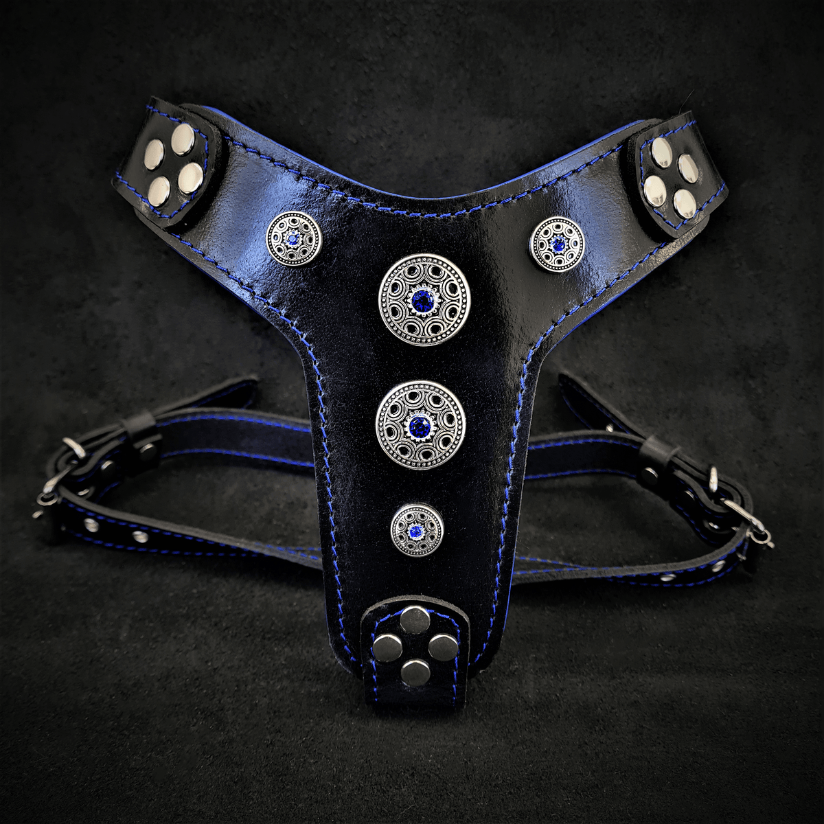 The Bijou Leather Dog Harness — Black & Blue | Small to Medium