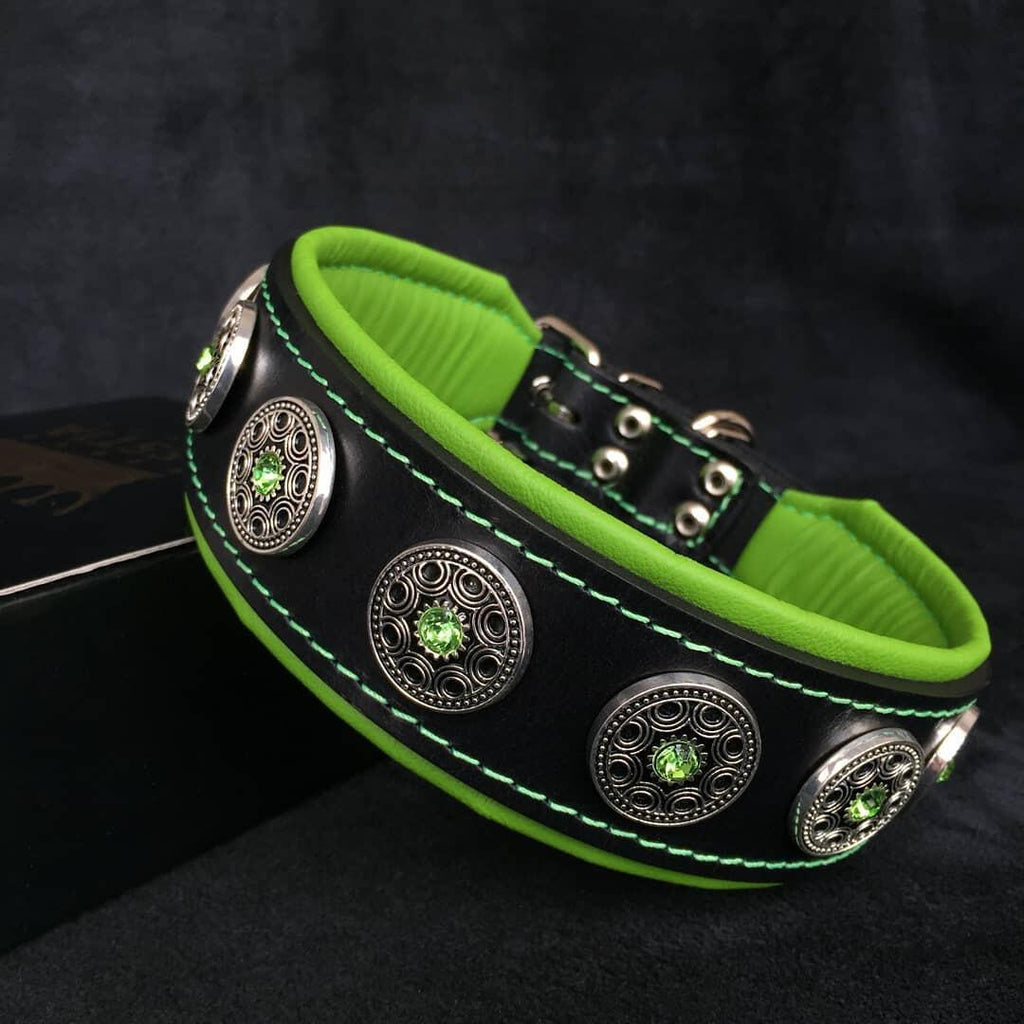 Luxury Leather Dog Collar – Bijou, Black & Green