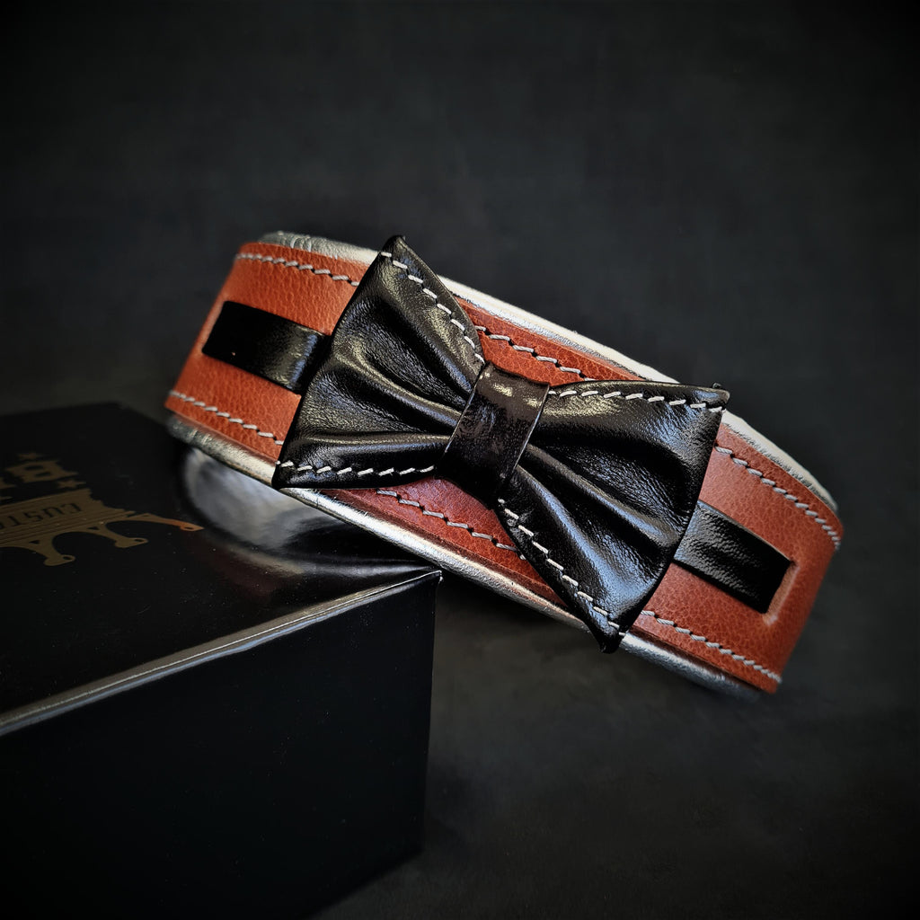 Leather Dog Collar with Bowtie – Brown