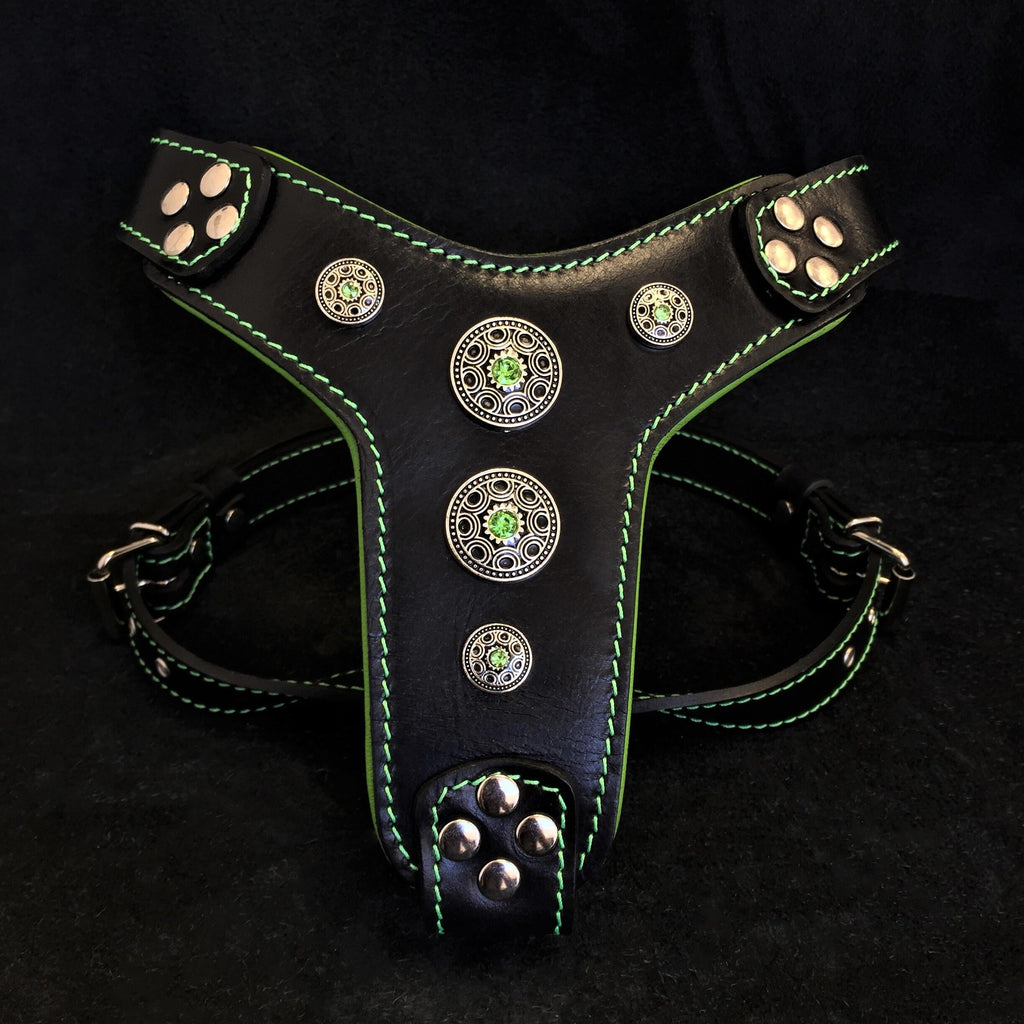"Bijou" Handmade Leather Dog Harness – Black & Green | S & M | by Bestia Dog Gear