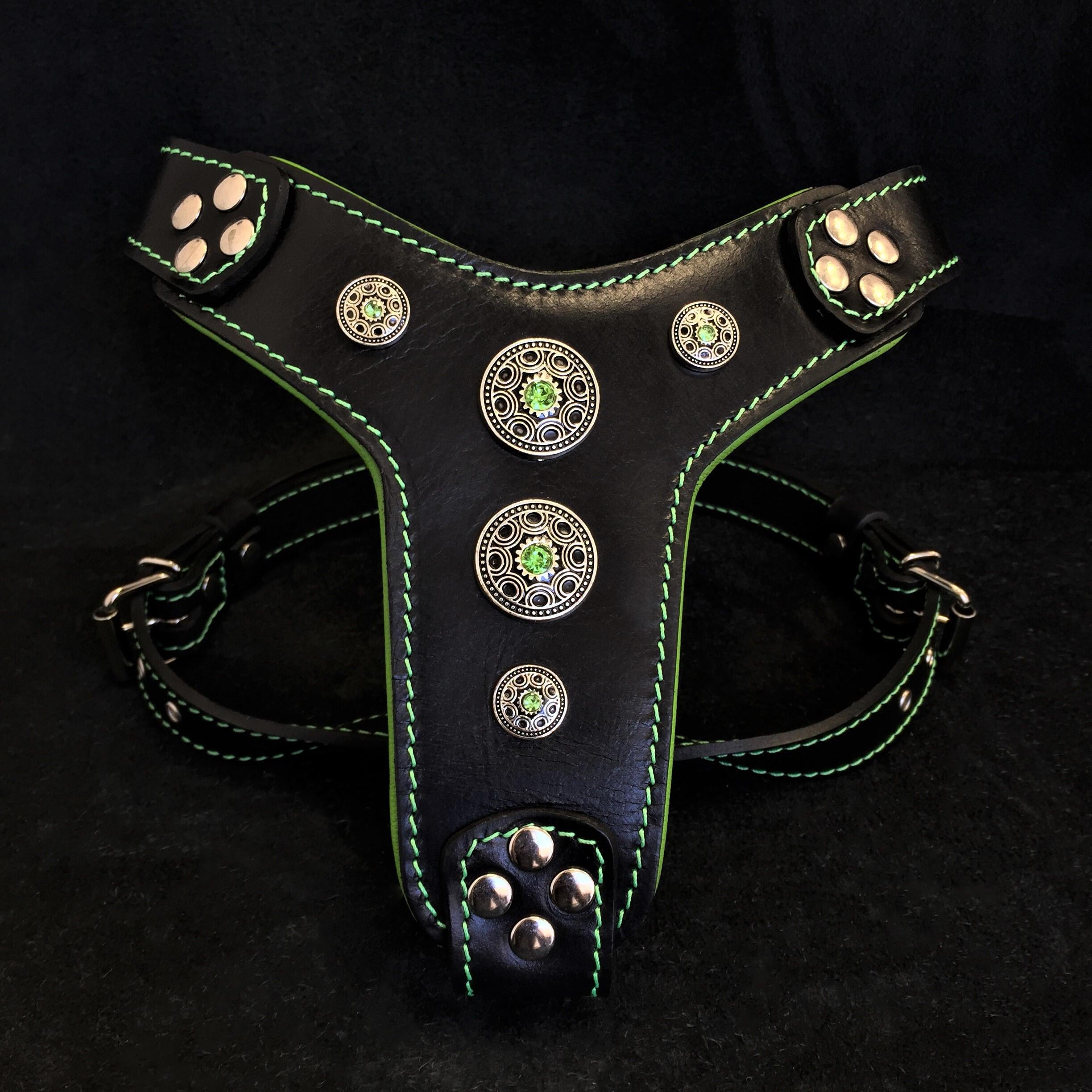"Bijou" Handmade Leather Dog Harness – Black & Green | S & M | by Bestia Dog Gear