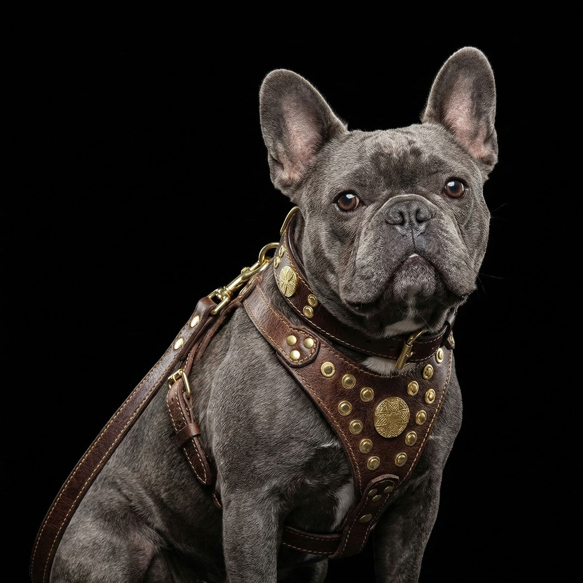 Maximus Leather Dog Harness – Brown & Gold | Handcrafted by Bestia