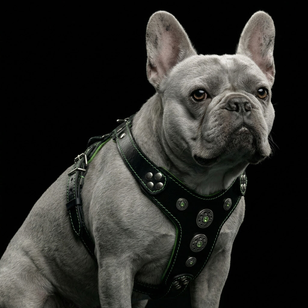 "Bijou" Handmade Leather Dog Harness – Black & Green | S & M | by Bestia Dog Gear