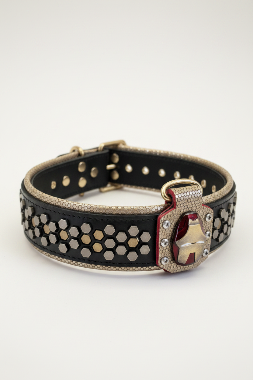 Wide Leather Dog Collar – Iron Dog, Hexagon Studs, Black