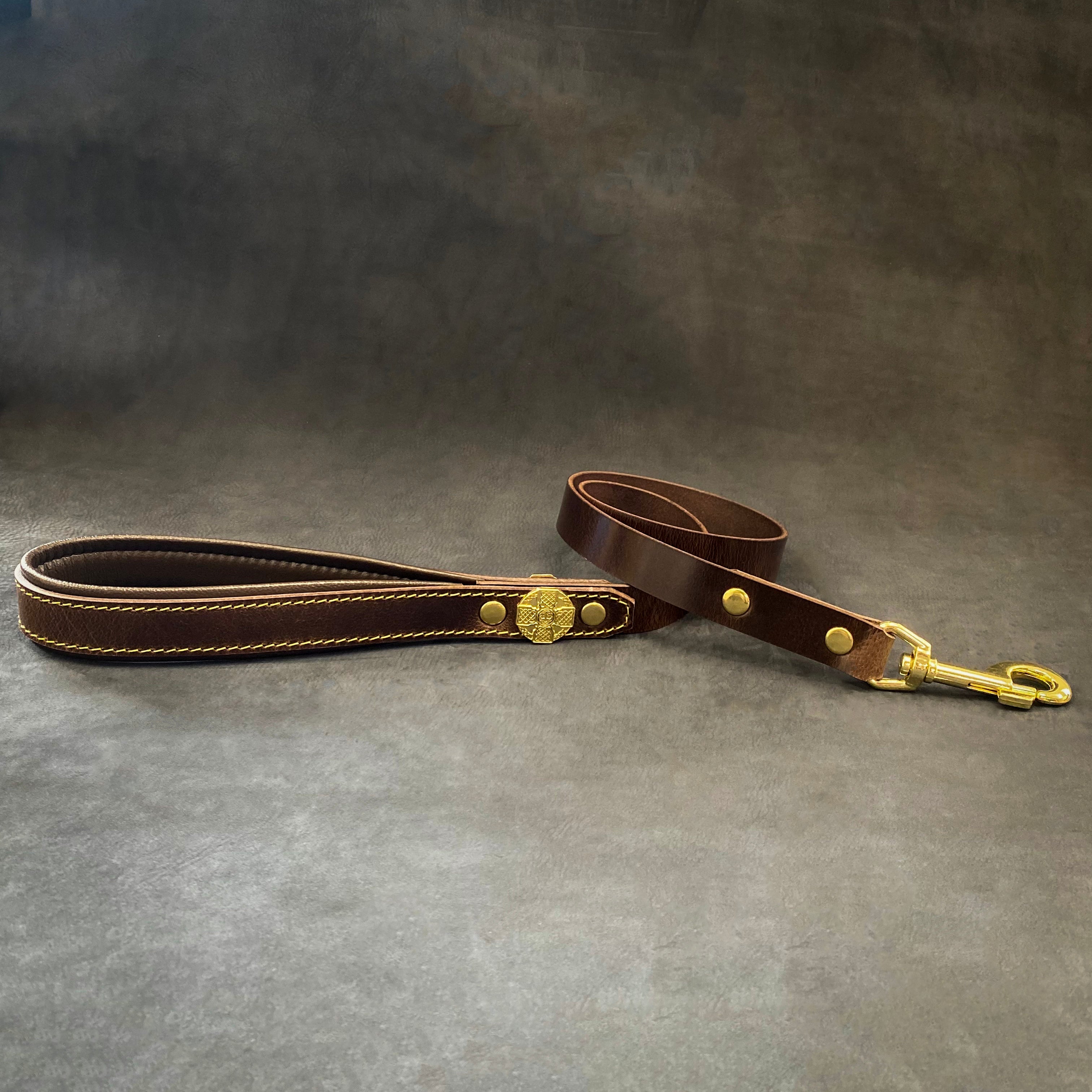Leather Dog Leash – "Maximus", Gold Hardware, 1 Inch Wide | 90 cm