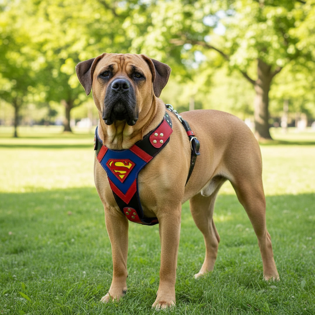 Superdog leather dog harness with Superman design worn by a Bullmastiff in a sunny park