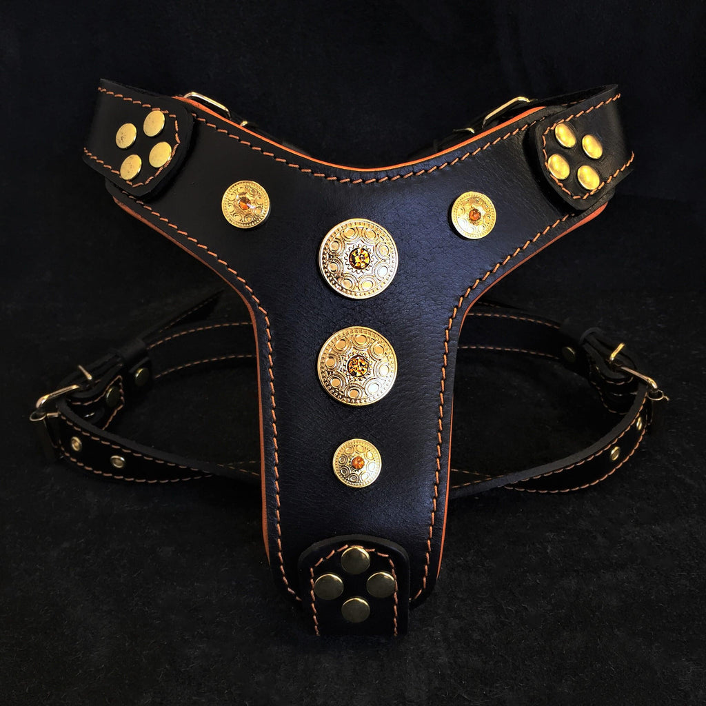 "Bijou" Handmade Leather Dog Harness – Black & Orange | S & M | by Bestia Dog Gear
