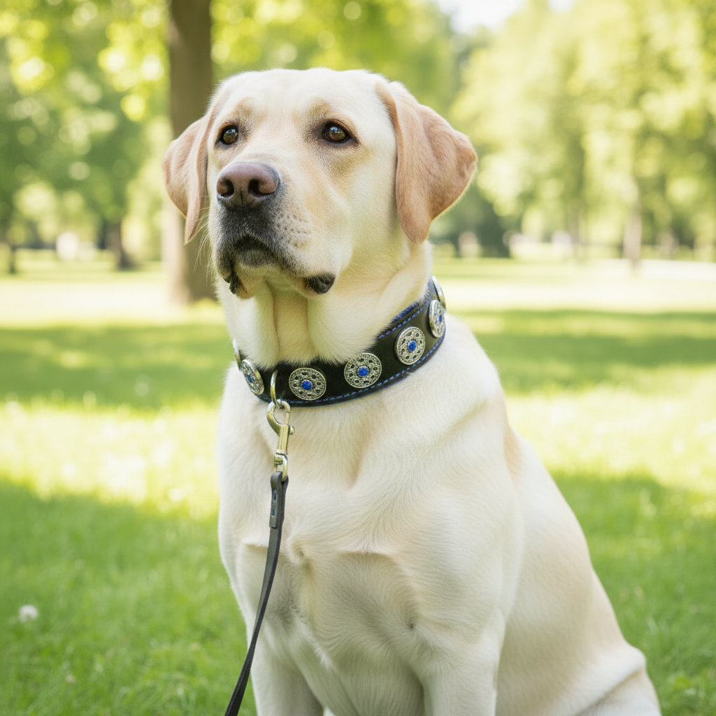 Luxury Leather Dog Collar Bijou Black Blue on Light Dog