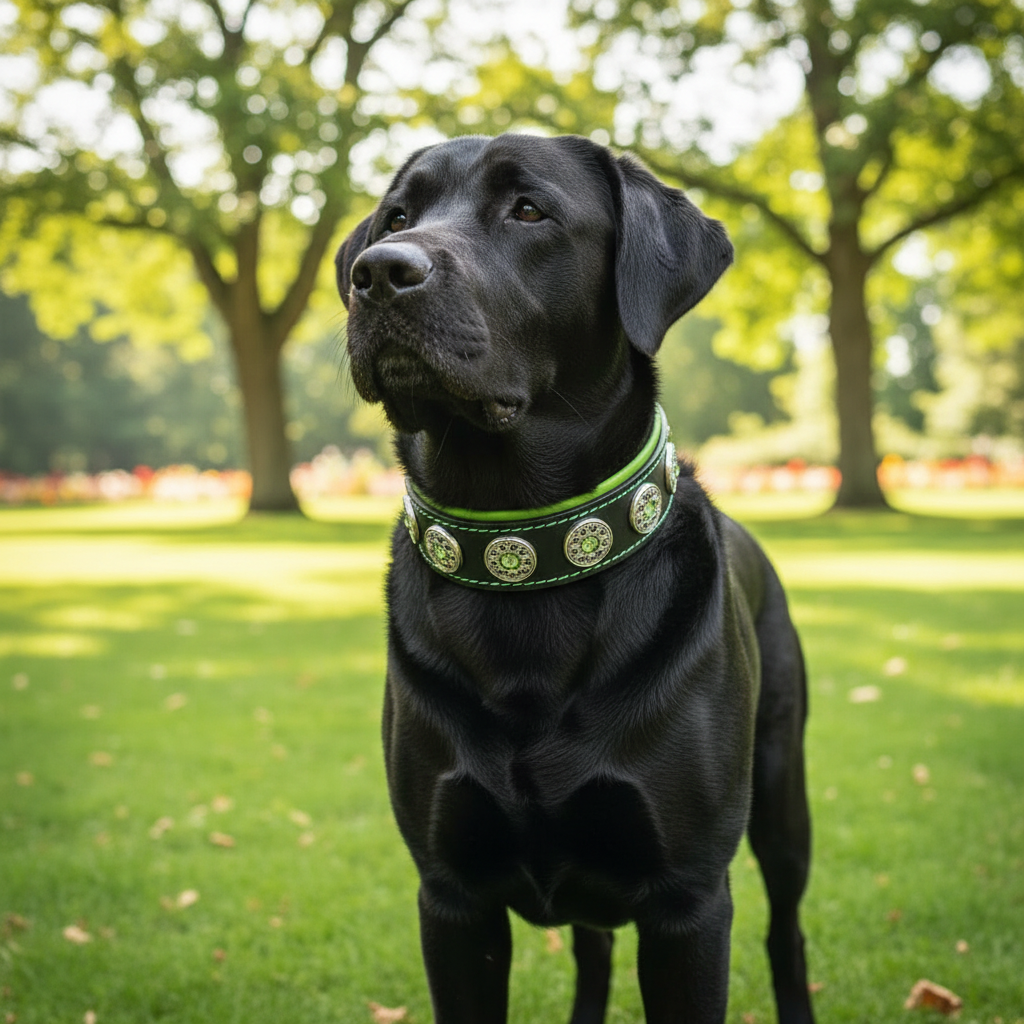 Luxury Leather Dog Collar Bijou Black Green Lifestyle Light