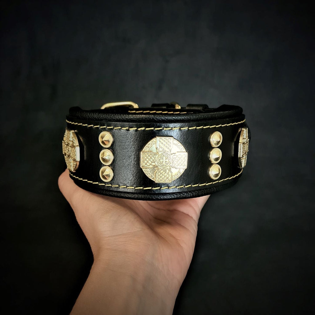 Wide Leather Dog Collar – Maximus, 2 Inch, Gold Decoration