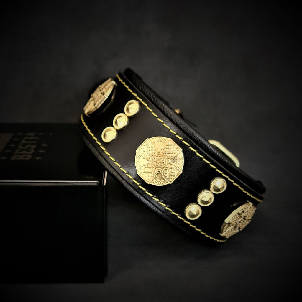 Wide Leather Dog Collar – Maximus, 2 Inch, Gold Decoration