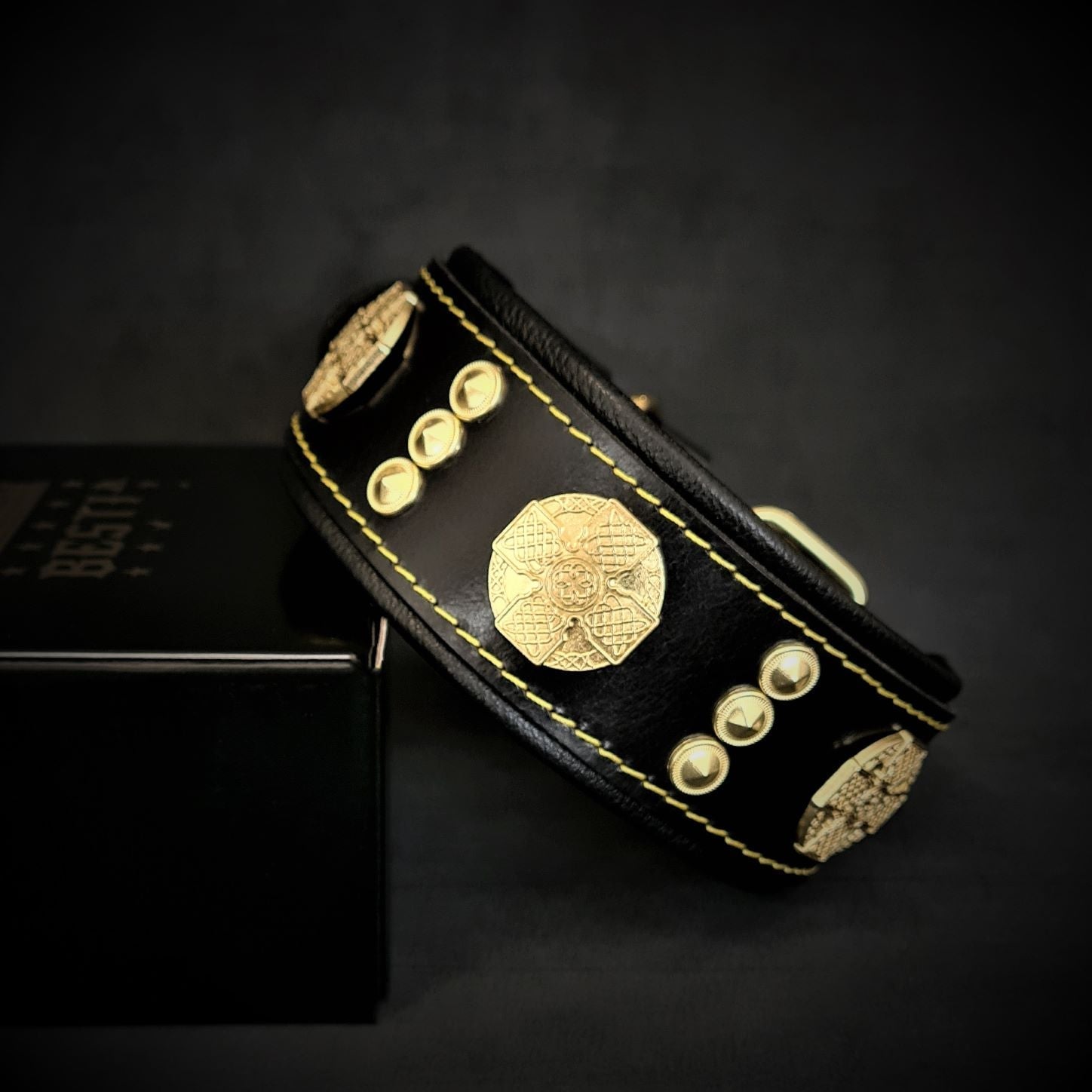 Wide Leather Dog Collar – Maximus, 2 Inch, Gold Decoration