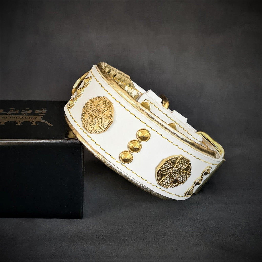 Wide Leather Dog Collar – Maximus, 2 Inch, White & Gold
