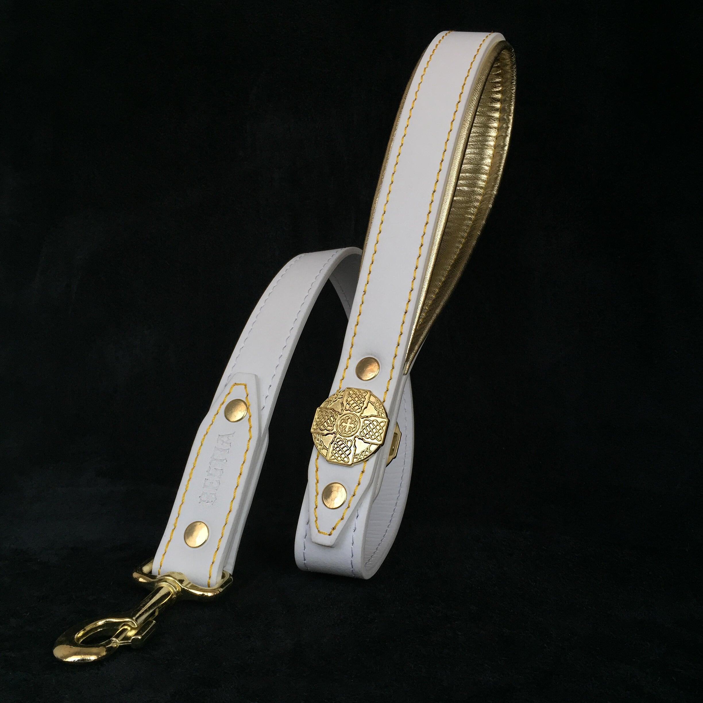 Leather Dog Leash – "Maximus", White & Gold | 90 cm