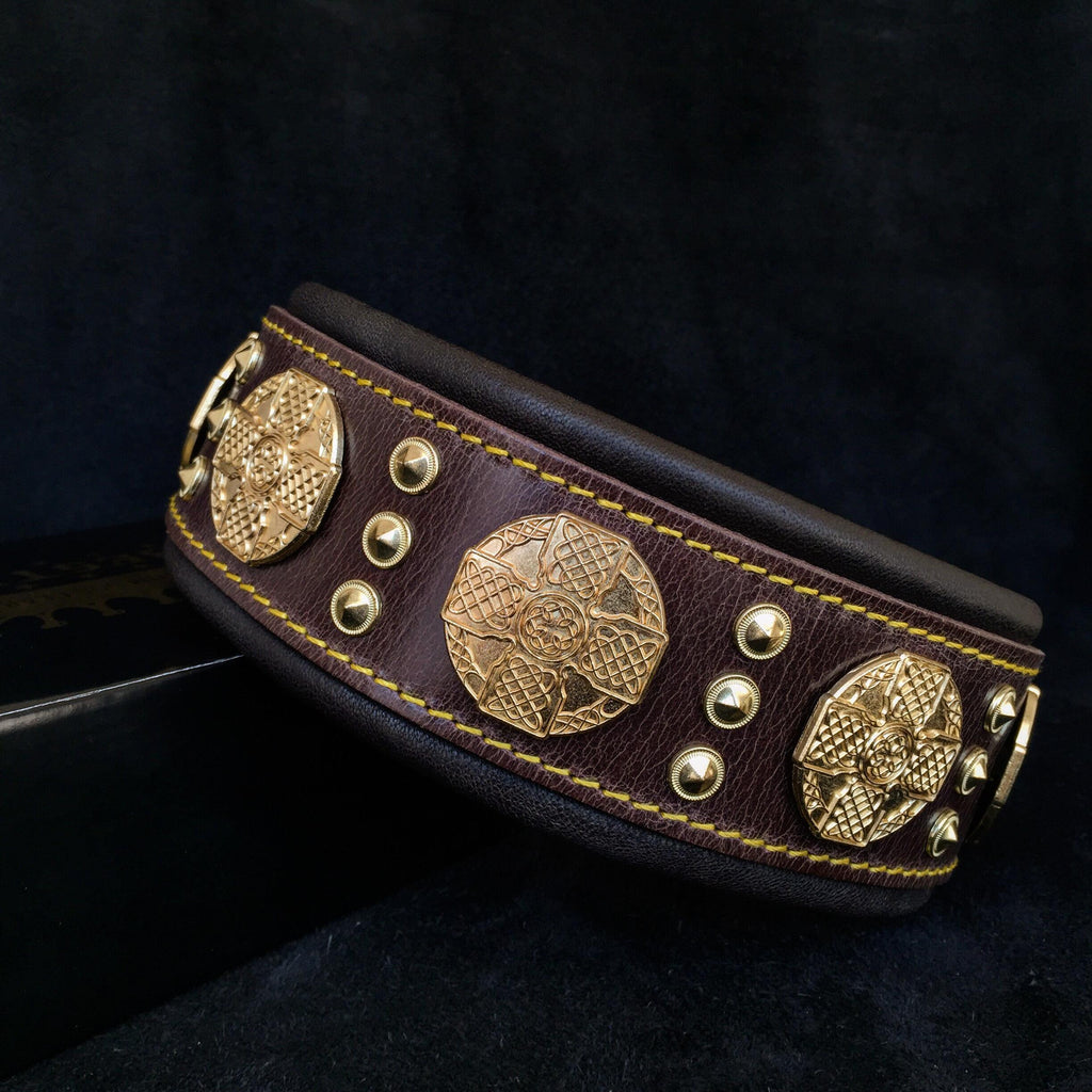 Wide Leather Dog Collar – Maximus, 2.5 Inch, Brown & Gold